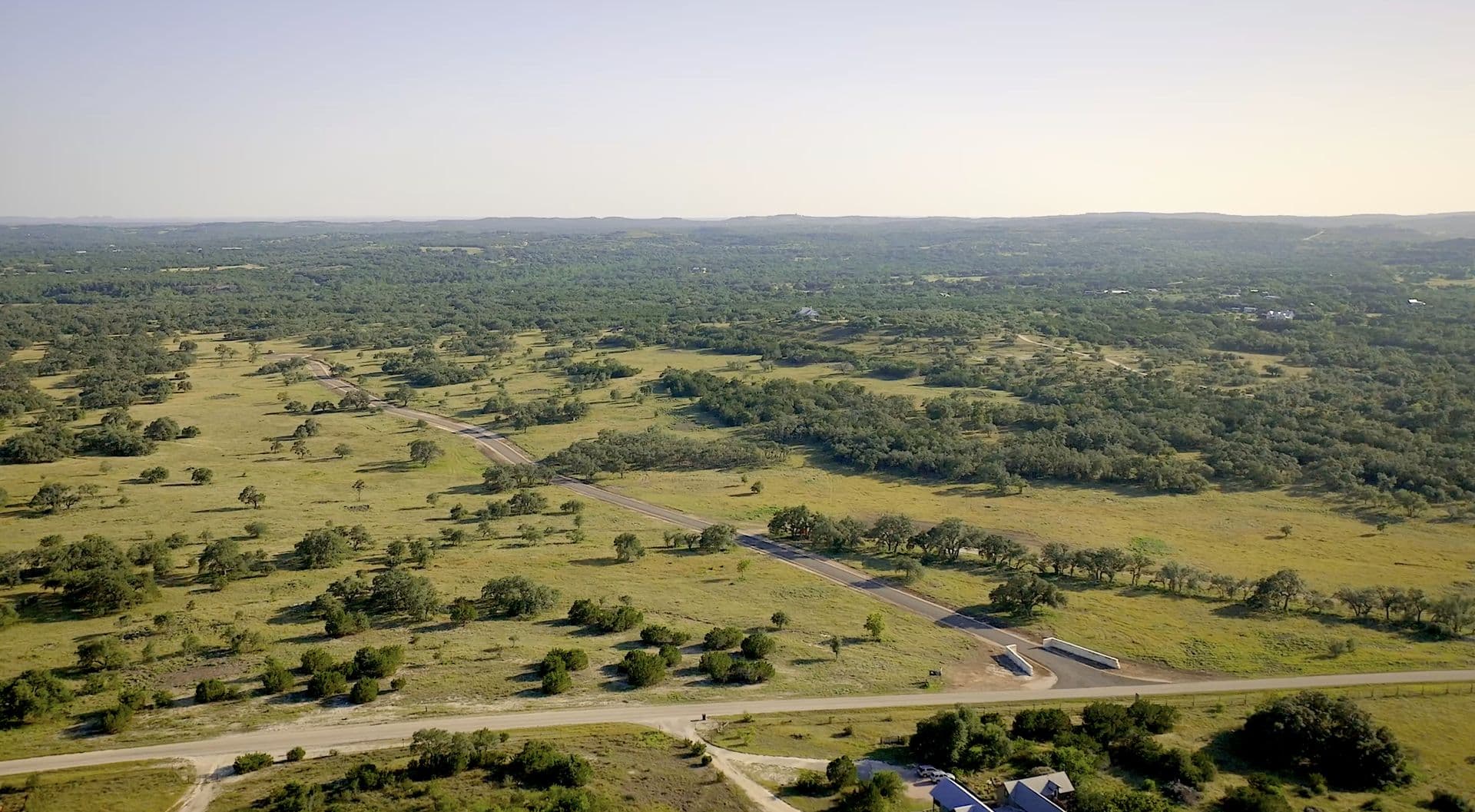 Aerial view of Prochnow Oaks Ranch in Dripping Springs, Texas